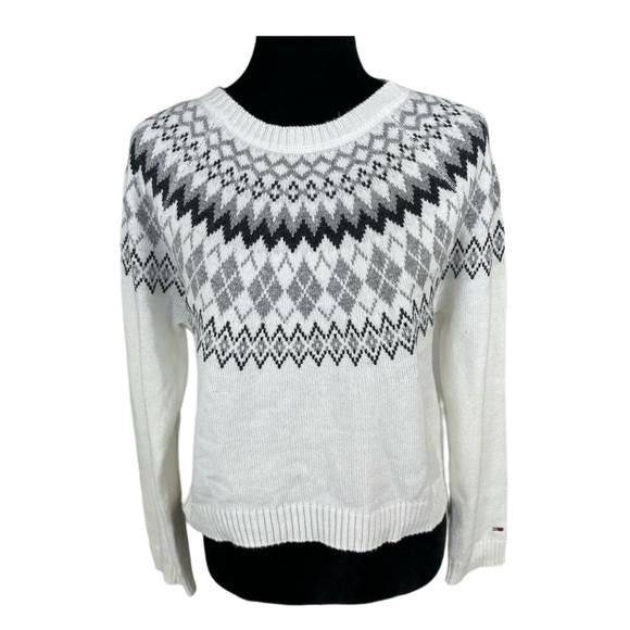 NWT Tommy Hilfiger Jenas White with grey ornament print cotton blend sweater M - Picture 1 of 11